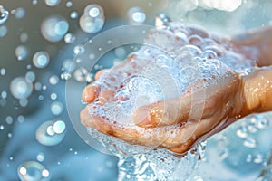 Hands cupping fresh water with bubbles