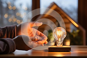 Hands cupping glowing light bulb in front of blurred wooden house and round lights in background