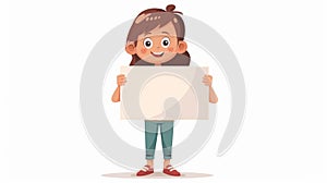 In the hands of a cute child holding a blank placard, a banner with advertising, a promotion card. Isolated flat graphic