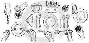 Hands with cutlery, vector line illustrations. Top view on table setting with dining people.