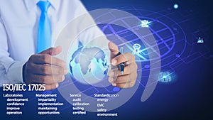 Hands and 3D world maps represent business management and testing laboratories photo