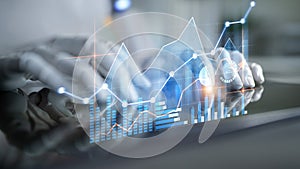 Hands with Data Visualization and Financial Graphs, Analyzing Trends and Metrics for Business Intelligence and Market