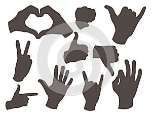 Hands deaf-mute different gestures black silhouette human arm people communication message vector illustration.