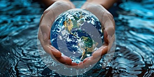 hands delicately hold a ball in the form planet, concept World Water Day, banner