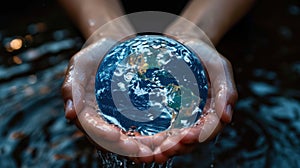 hands delicately hold a planet-shaped ball above the water, concept World Water Day, banner