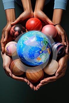 hands of different ethnicities united holding planets