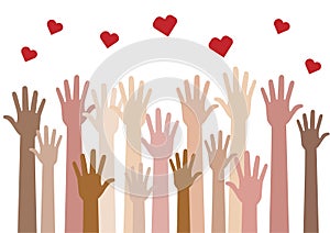 Hands of different people and hearts on a white background. Tolerance. Vector illustration
