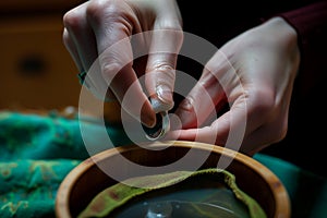 hands dipping a ring into a cleaning solution postwork