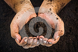 Hands dirty with clay , soil background