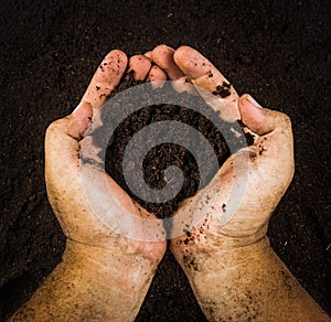 Hands dirty with clay , soil background