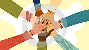 Hands of diverse group of people putting together. Concept of teamwork, cooperation, unity, togetherness, partnership