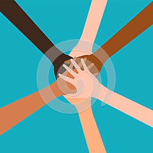 Hands of diverse group of people putting together isolated on white background. Vector illustration