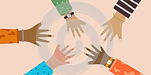 Hands of diverse group of people putting together. People promise each other. Friends with hands showing unity and teamwork, top