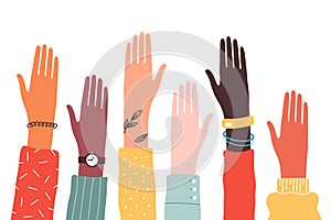 Hands of diverse group of people together raised up. Concept of support and cooperation, girl power, social community.