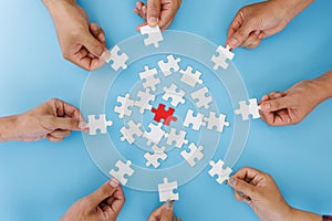 Hands of diverse people assembling jigsaw puzzle, team put pieces together searching for right match, help support in teamwork to