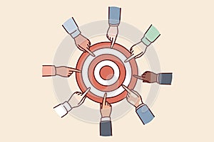 Hands diverse people near target for collaboration for solving joint task and teamwork in business