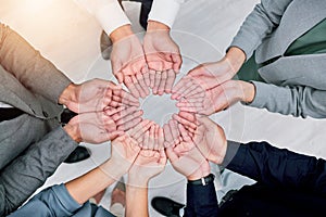 Hands, diversity circle and business people together in support, team building collaboration or colleague trust. Top