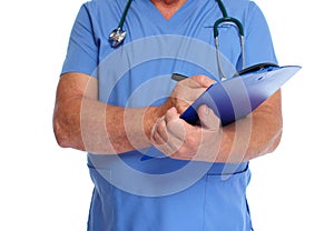 Hands of doctor writing prescription.