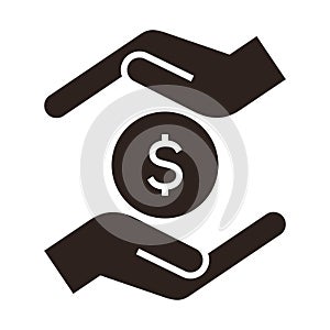 Hands and dollar coin. Save money icon