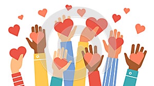 Hands donate hearts. Charity, volunteer and community help symbol with hand gives heart. People share love. Valentines