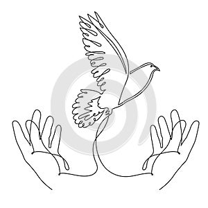 Hands with dove of peace, one line art continuous contour. Hand drawn palm with pigeon,doodle hope bird sign of freedom and