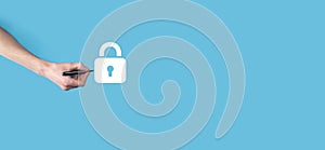 Hands draw a padlock icon with a marker.Cyber security network. Internet technology networking.Protecting data personal