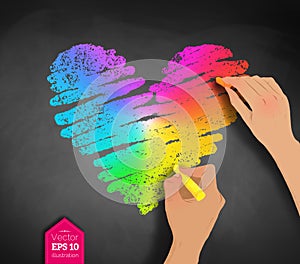 Hands drawing rainbow colored heart