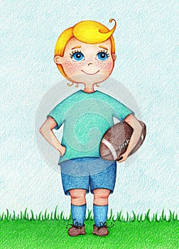 Hands drawn illustration of boy American Football player by the color pencils