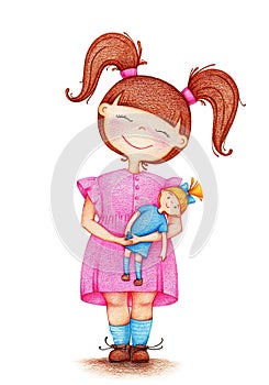 Hands drawn picture of girl playing with doll