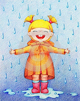 Hands drawn picture of little happy girl in rainy day