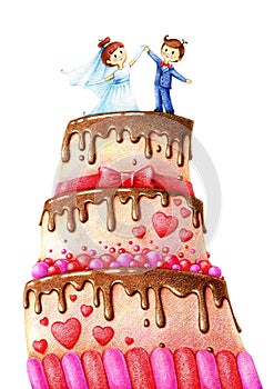 Hands drawn picture of wedding cake with chocolate glaze, groom and fiancee