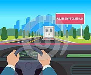 Hands driving car. Auto inside dashboard driver speed road overtaking street traffic travel billboard flat illustration