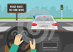 Hands driving a car on a crossroad. Road rage: no one wins warning billboard. Man in front car rudely gesturing while driving.