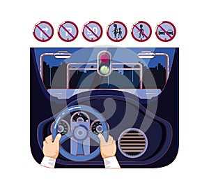 Hands driving car with driver safely icons