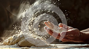 Hands Dusting Flour on Dough.AI generated image