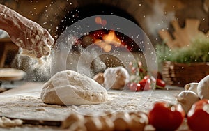 Hands dusting flour over fresh dough with a wood-fired oven in the background.