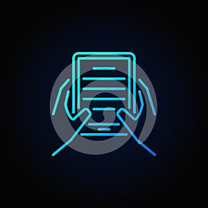 Hands with e-book reader blue icon
