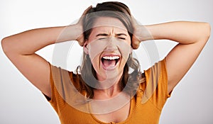 Hands on ears, stress and woman shouting in studio for depression, fear or conflict, trauma or noise on white background