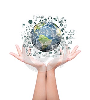 Hands with Earth with drawing business graph and business objects