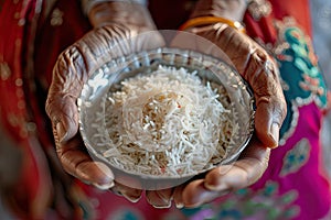 hands of elderly indian woman holding a bowl of rice