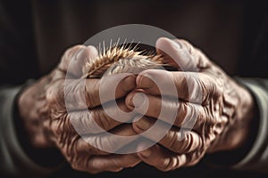 Hands of an elderly man holding ears of wheat, close-up, dark background