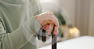 Hands, elderly and walking stick, person with a disability and mockup space with closeup. Senior care, cane to help with