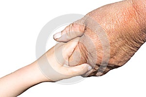 Hands of an elderly woman holding a young woman`s hand. There is an isolate, or without it