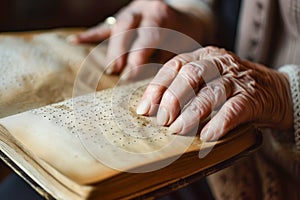 Hands of an elderly woman reading a Braille book with her fingers