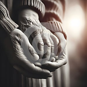 Hands of an elderly woman and a young man holding hands.