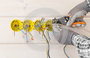 Hands of electrician installing electrical socket with screwdriver in the wall