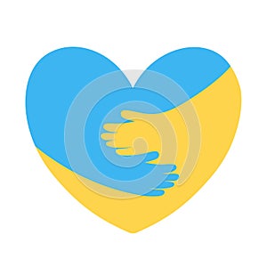 Hands embrace heart with yellow blue flag of Ukraine, support, help and pray for peace