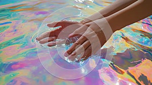Hands Emerging From A Pool Of Iridescent Paints