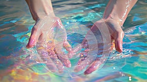 Hands Emerging From A Pool Of Iridescent Paints