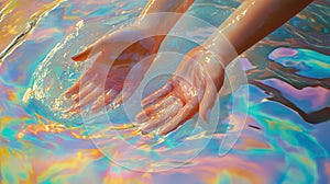 Hands Emerging From A Pool Of Iridescent Paints